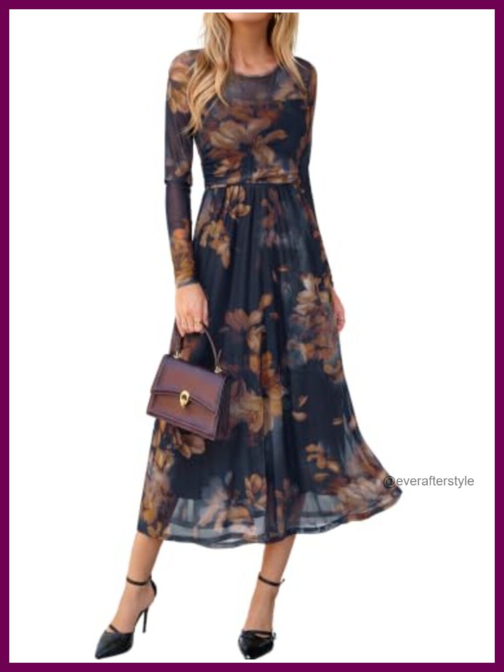 Simplee Mesh Maxi Long Sleeve Floral Fit & Flare Wedding Guest Dress